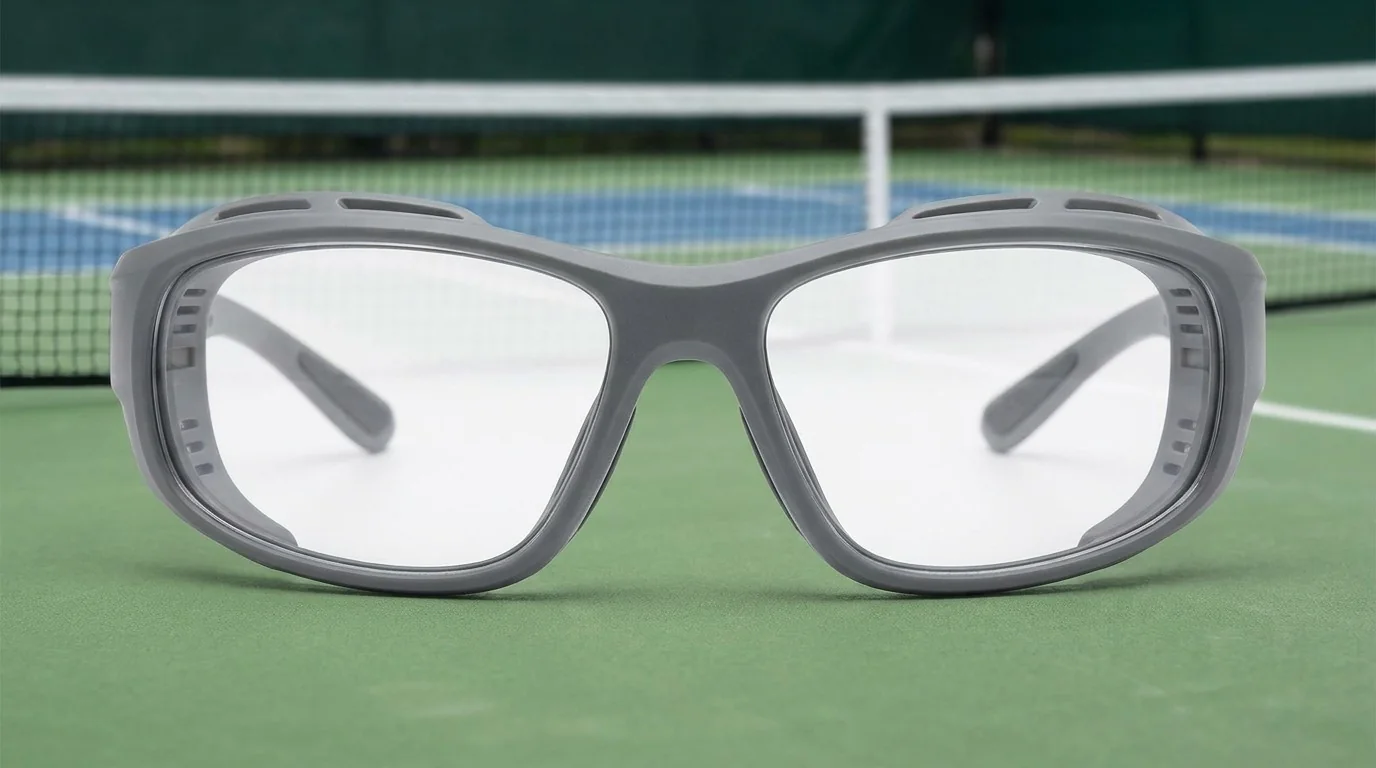 Close-up showing wraparound coverage and an impact-resistant sports lens