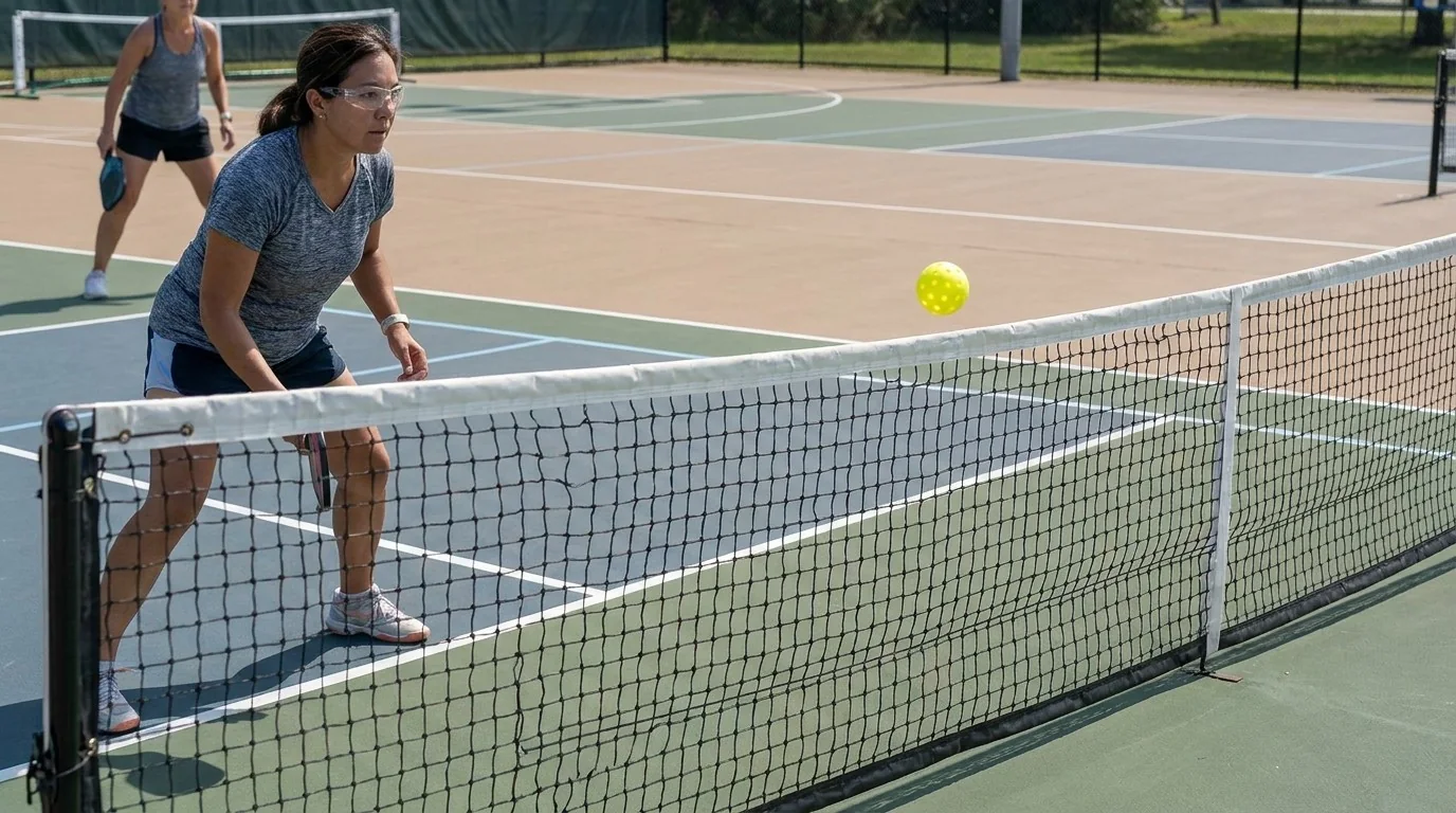 Player wearing protective eyewear during a controlled doubles exchange