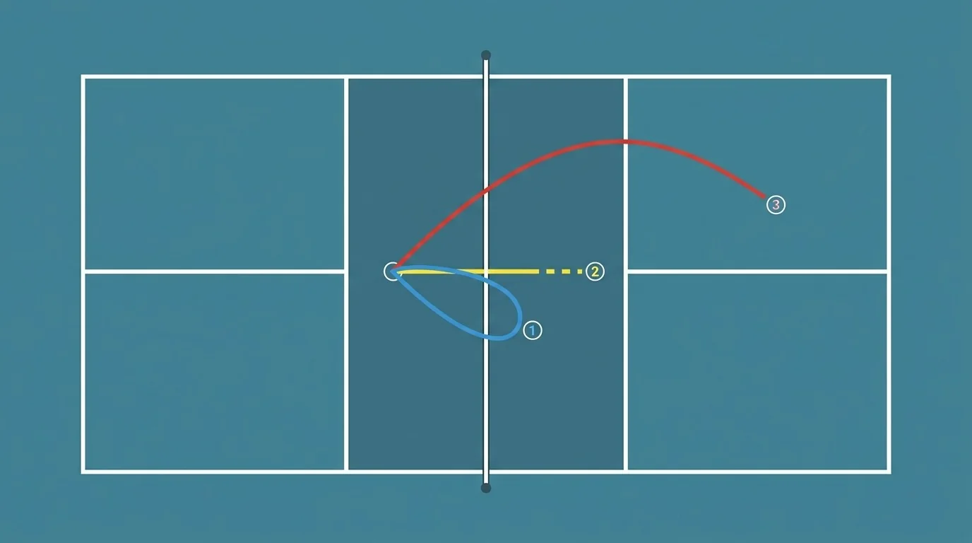 Overhead diagram of block, punch, and swing volley paths on an accurate pickleball court