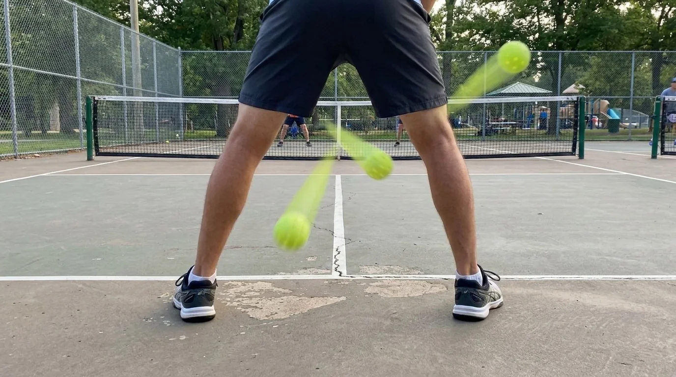Pickleball volley decision practice with balanced kitchen-line footwork and three ball trajectories