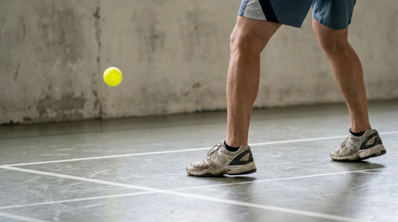 Lower-body adjustment-step drill beside a pickleball practice wall