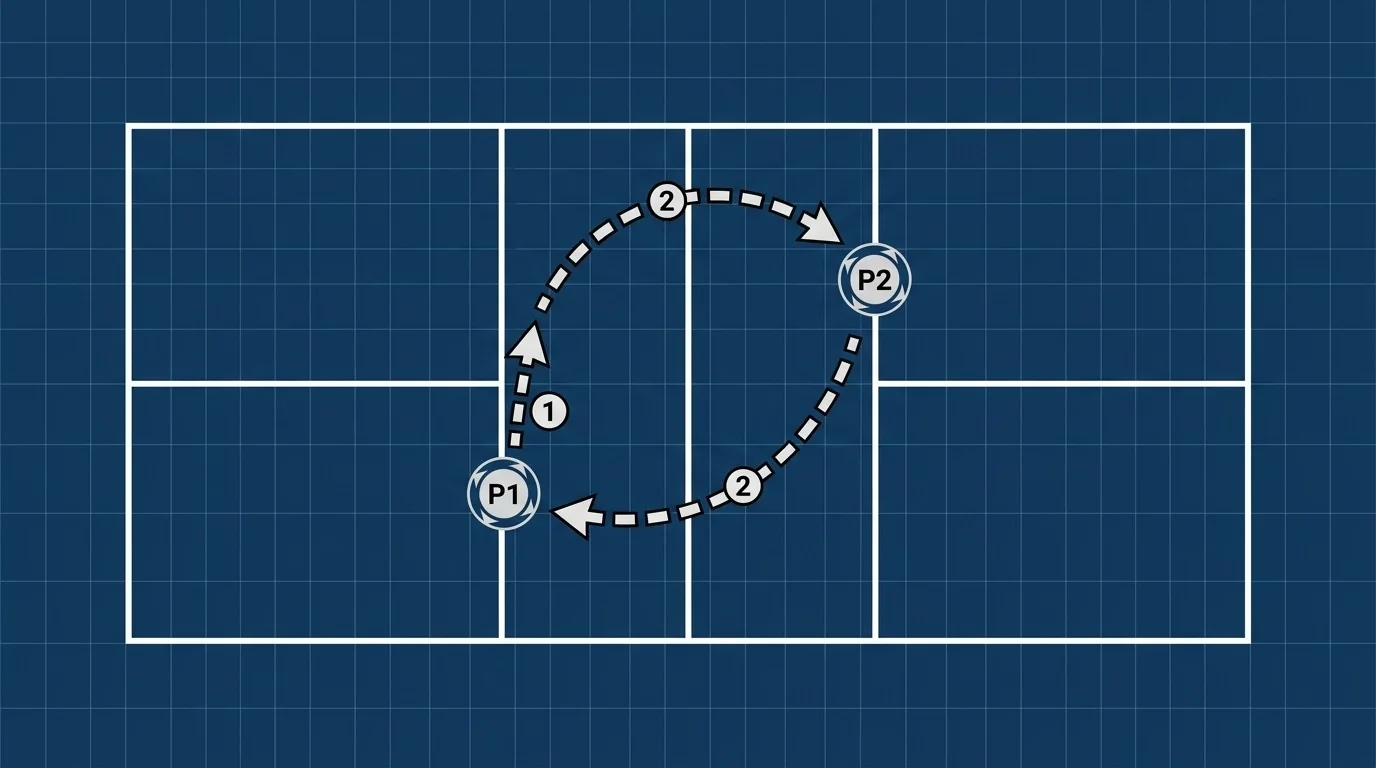 Overhead diagram of the pickleball two-tap drill sequence at the kitchen