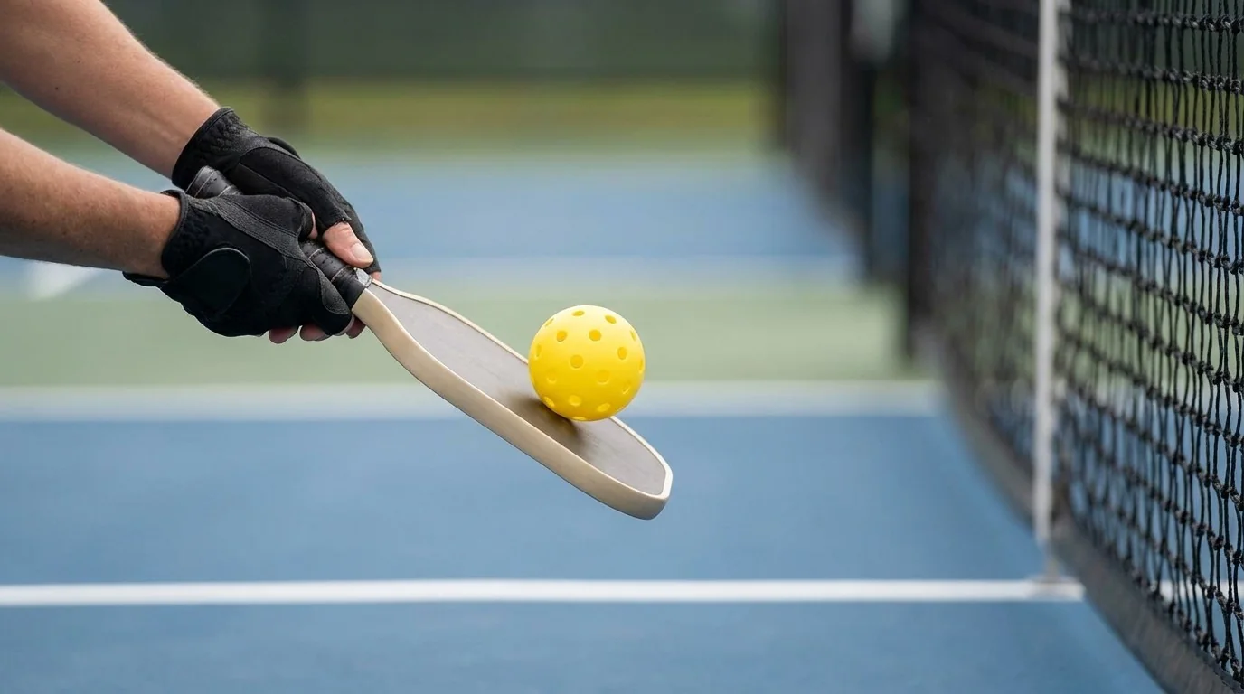 Close-up of soft paddle contact during a pickleball two-tap drill