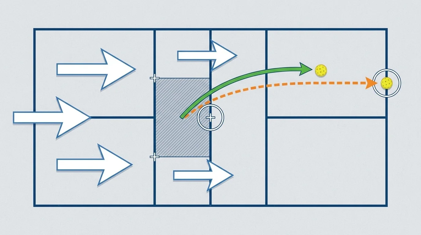 Overhead pickleball diagram showing lateral wind drift and safe target margins