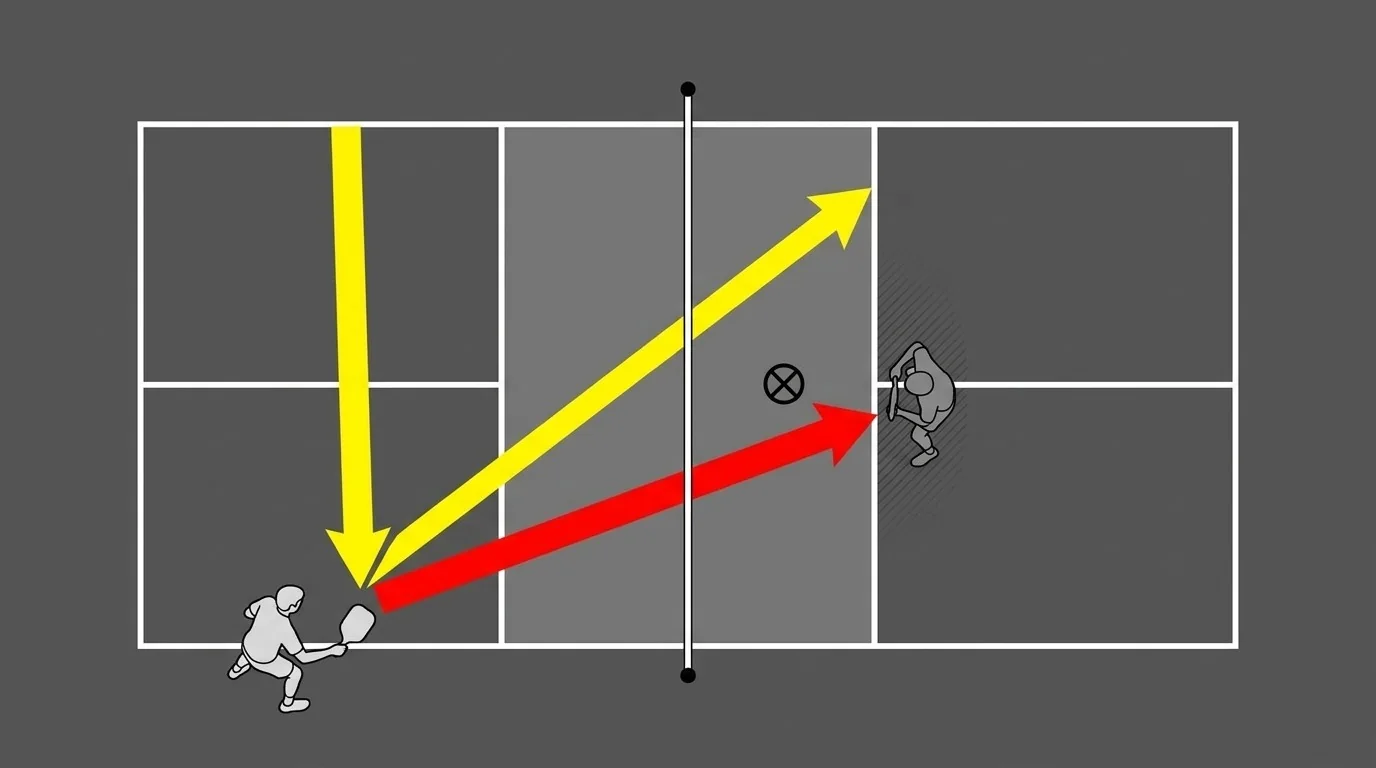 Overhead pickleball diagram showing even-side sideline contact and a defender shading toward that side