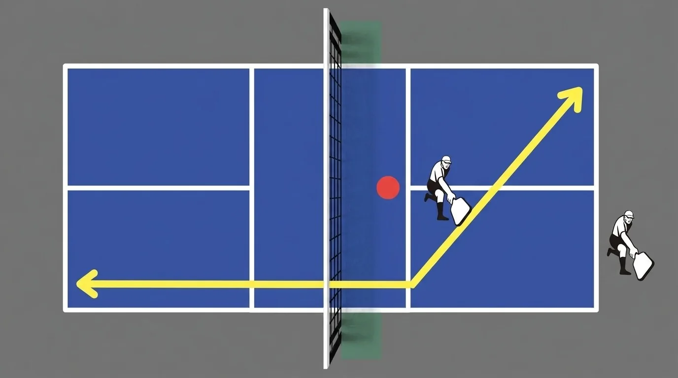 Overhead pickleball diagram showing odd-side sideline contact and a defender shading toward that side