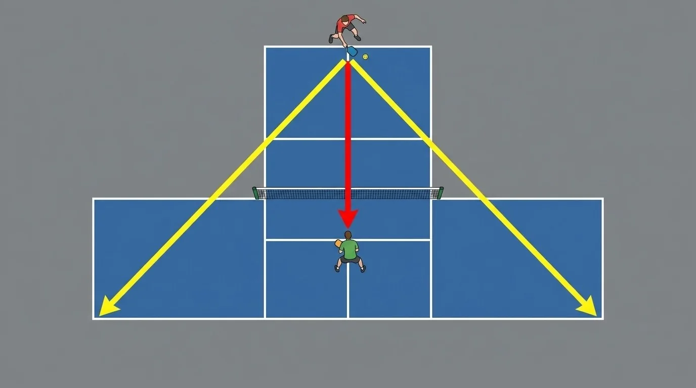 Overhead pickleball diagram showing central contact and a centered non-volley-line defender