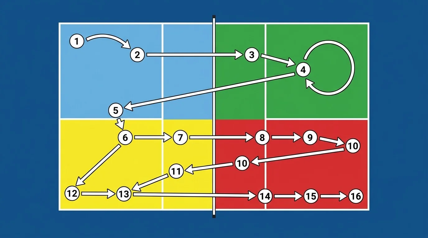 Overhead diagram of the five phases of a pickleball practice session