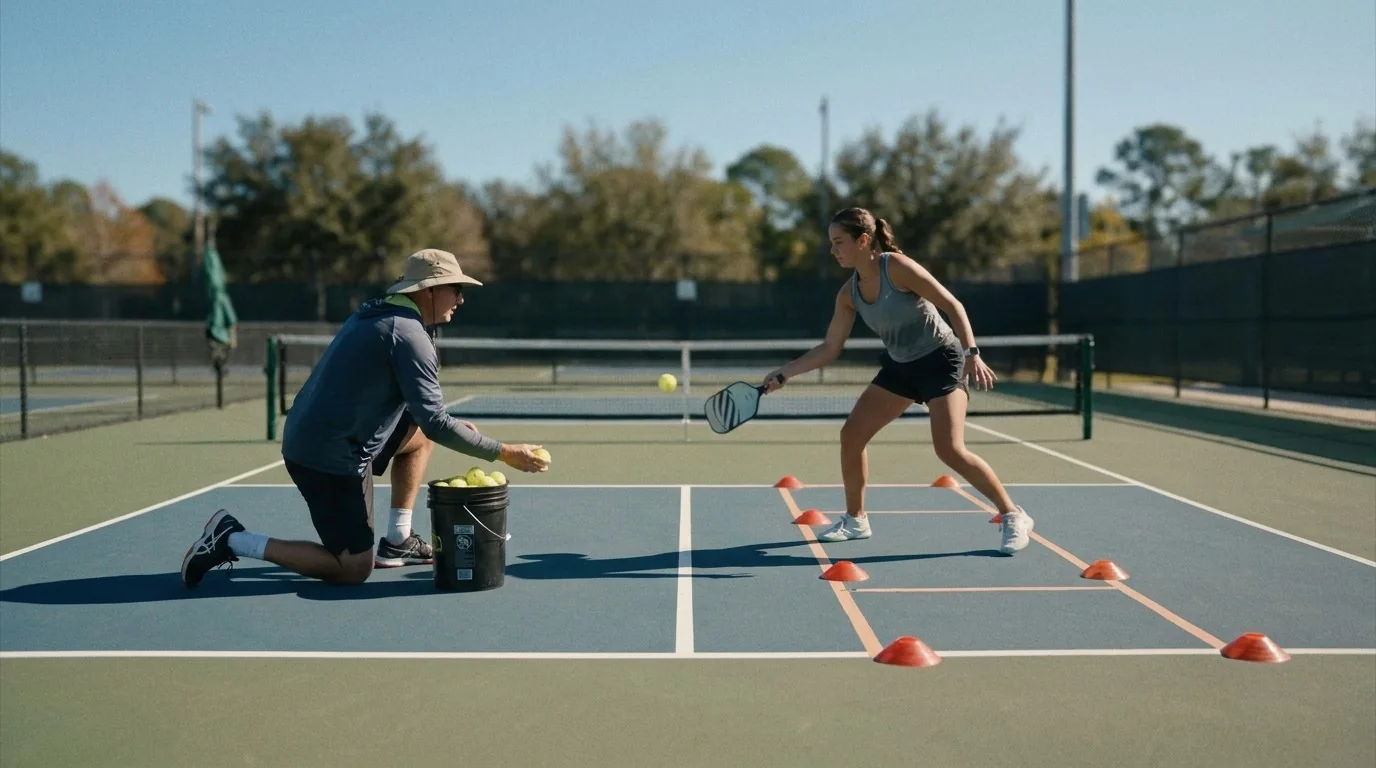 Player and coach applying a focused pickleball practice progression