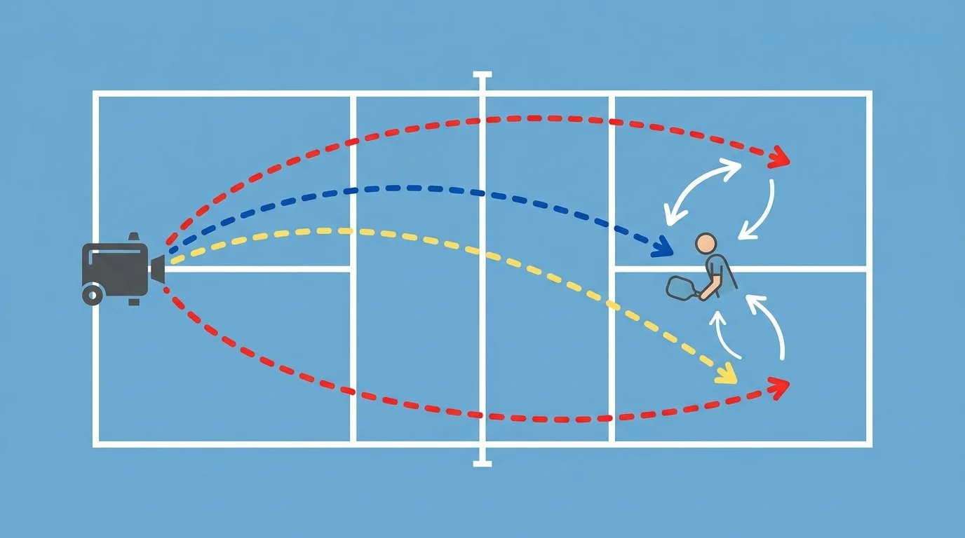 Instructional diagram of a pickleball ball machine feeding purposeful repetitions