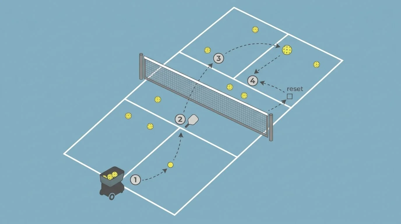Overhead pickleball coaching diagram of a progressive ball machine drill