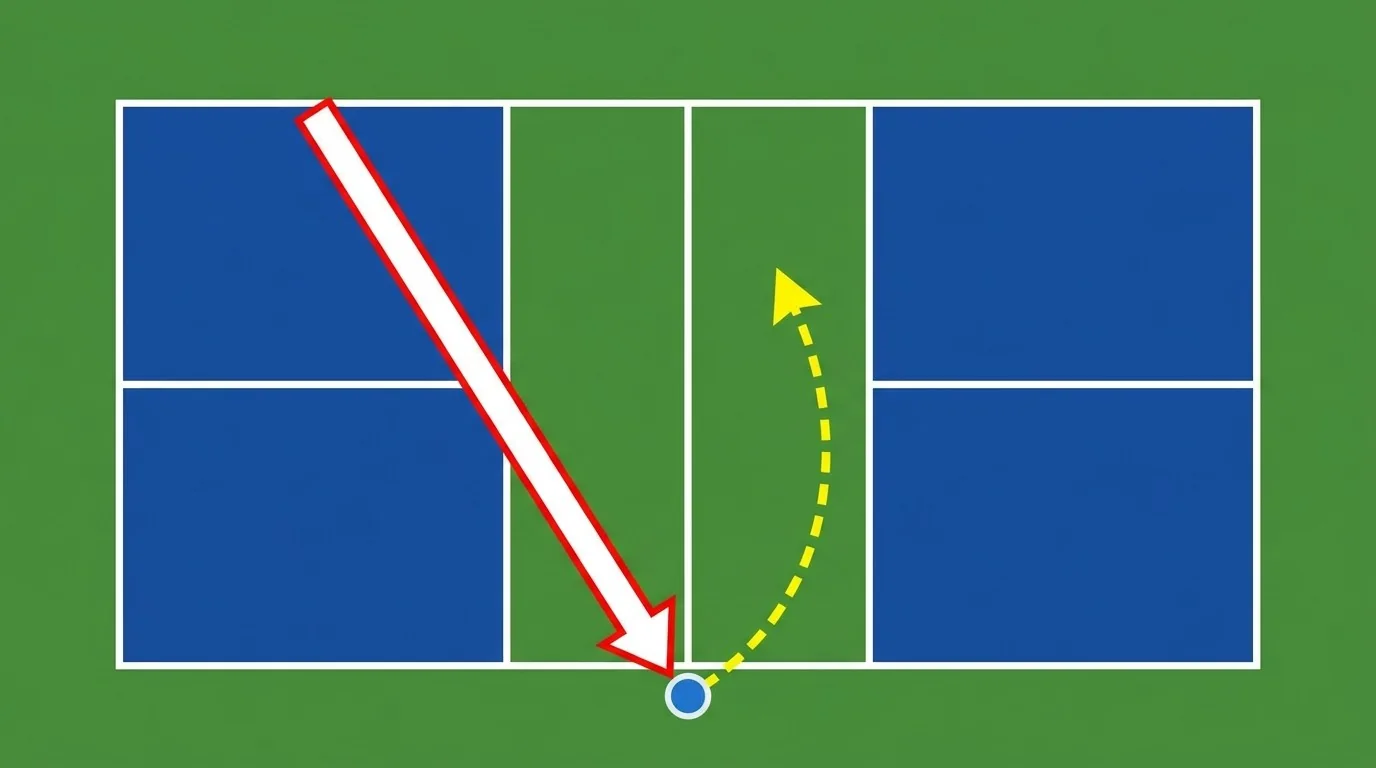 Overhead diagram of a pickleball block volley dropping into the kitchen