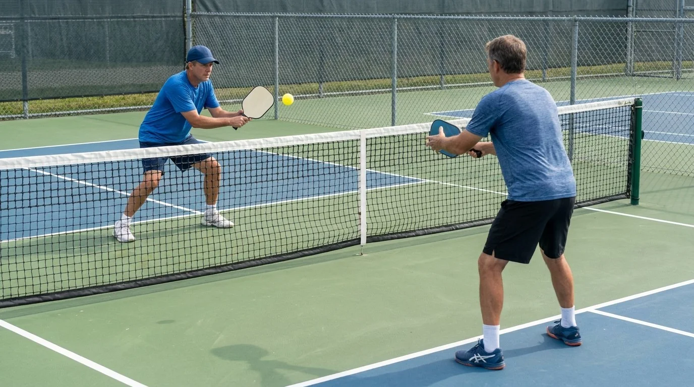 Players practising compact block volleys at the pickleball kitchen line