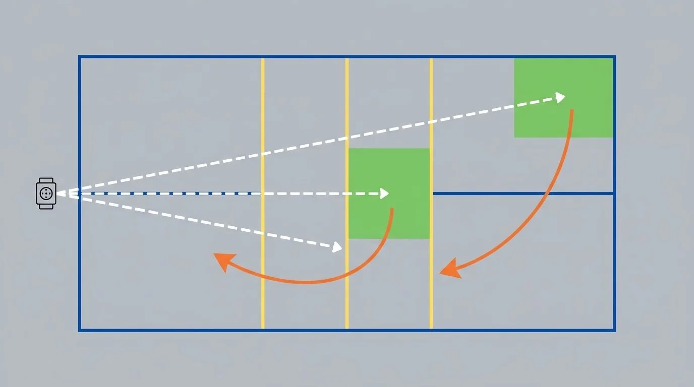 Overhead diagram of ball-machine feed lanes and pickleball targets