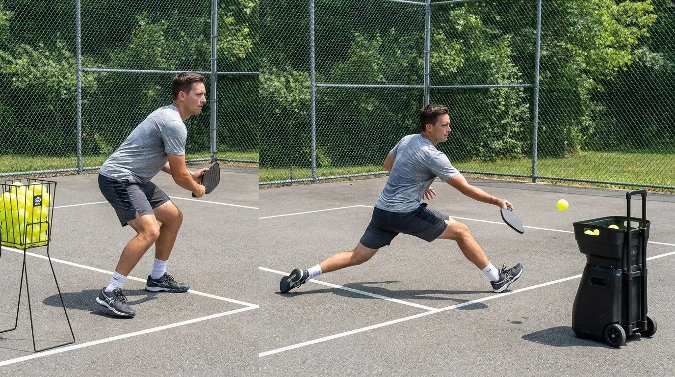 Player combining ball-machine feeds with movement and recovery