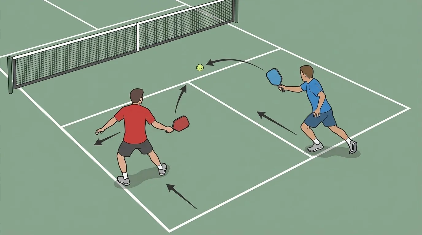 Pickleball doubles communication drill with middle coverage and recovery