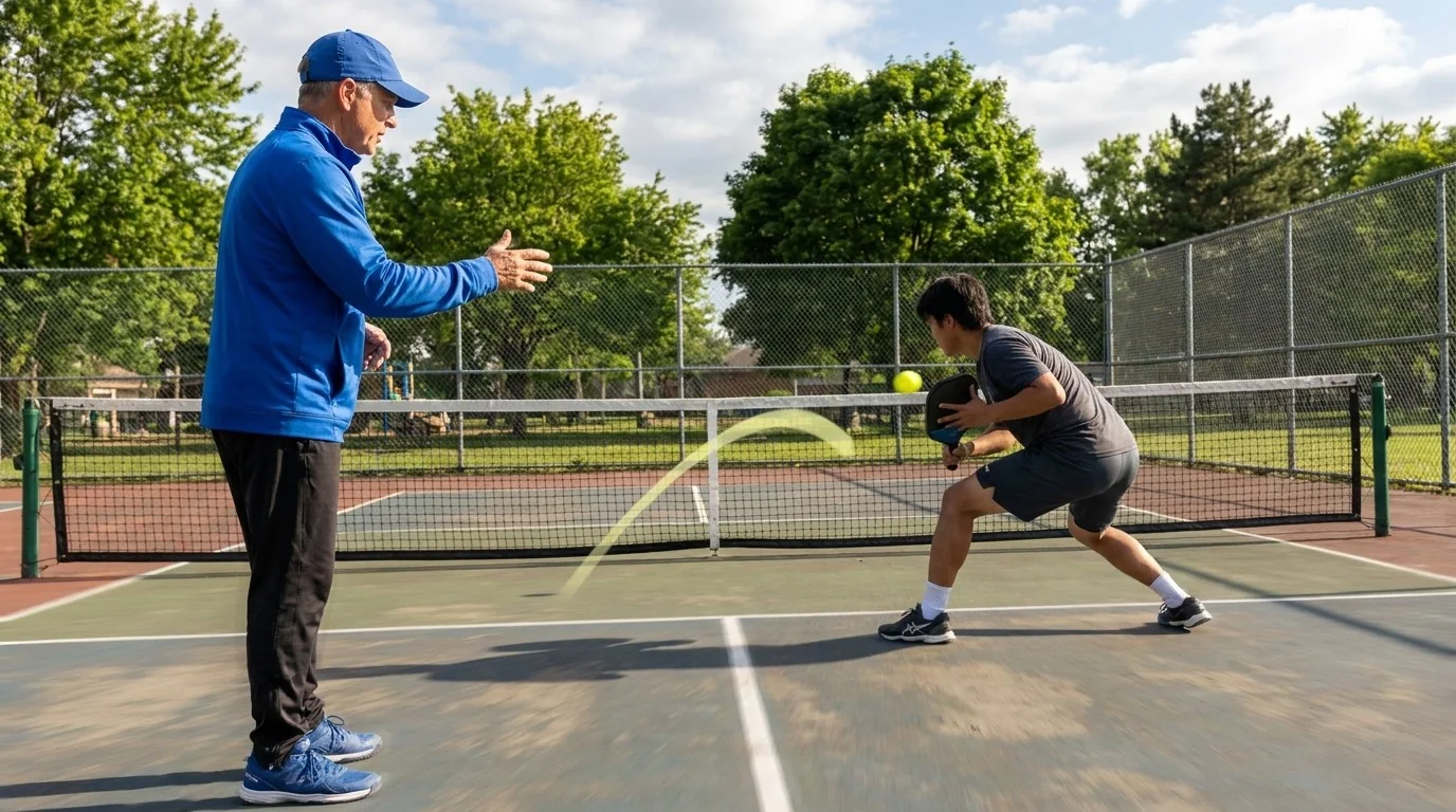 Balanced pickleball reset with a low kitchen trajectory
