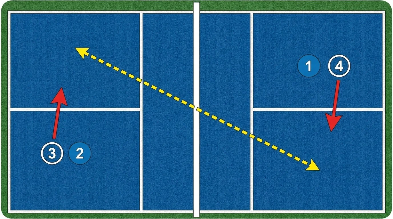 Pickleball doubles court diagram comparing neutral and attackable wide-ball recovery