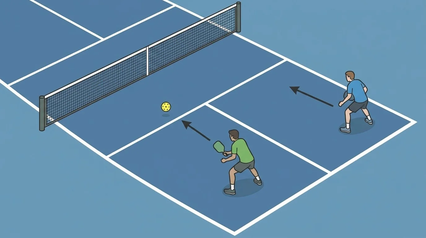 Pickleball doubles positioning diagram showing partner coverage and center protection