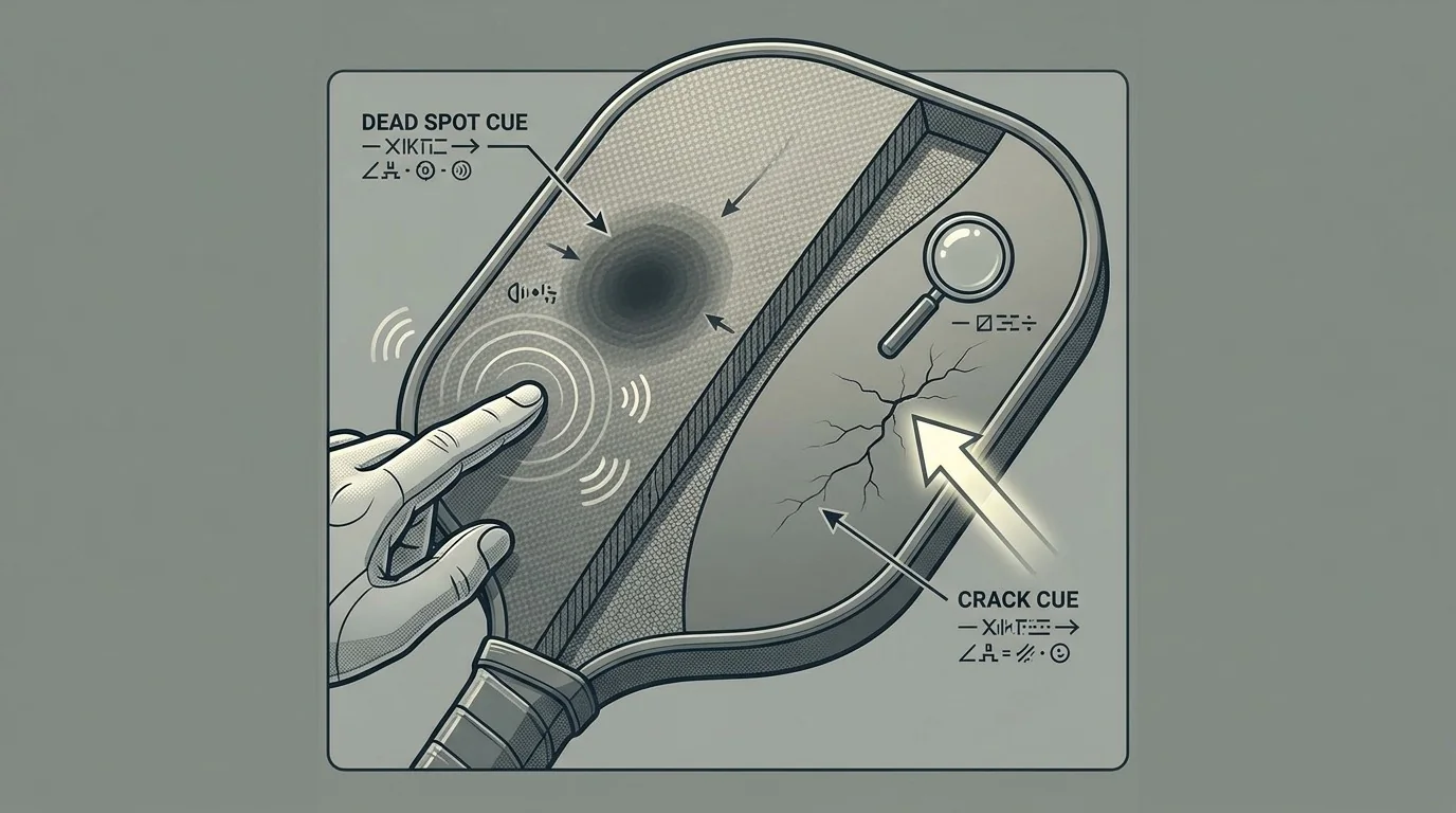 Close-up visual of a player inspecting a pickleball paddle face for damage