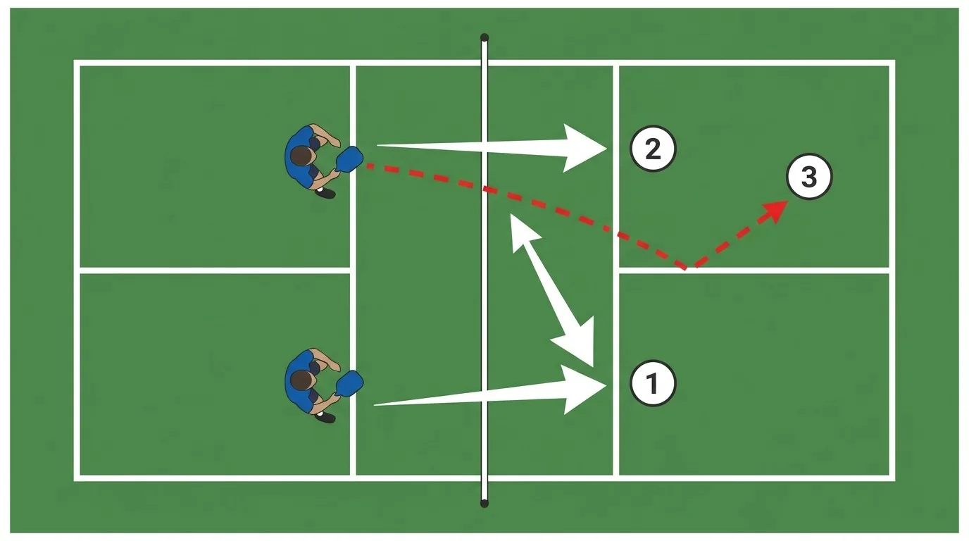 Overhead pickleball doubles diagram showing connected court positioning