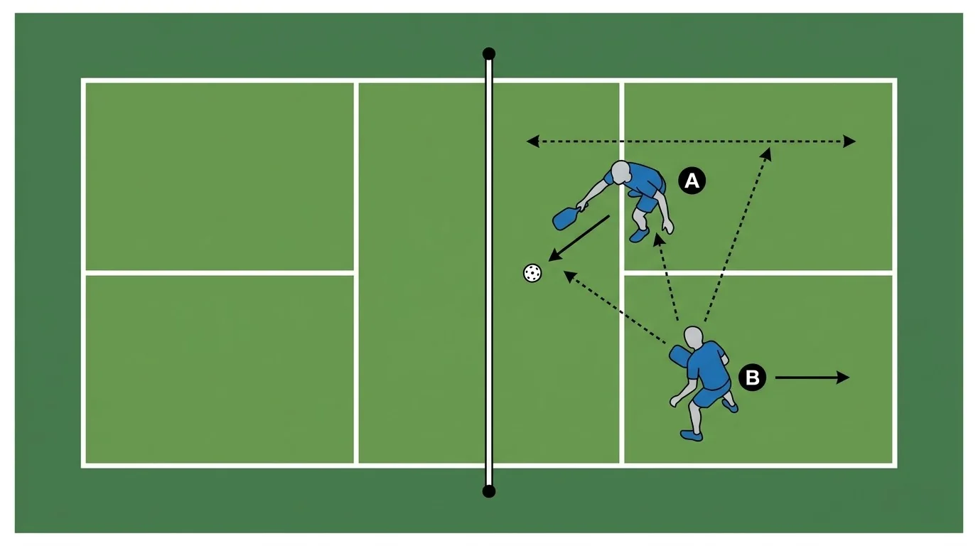 Pickleball doubles communication drill with middle coverage and recovery