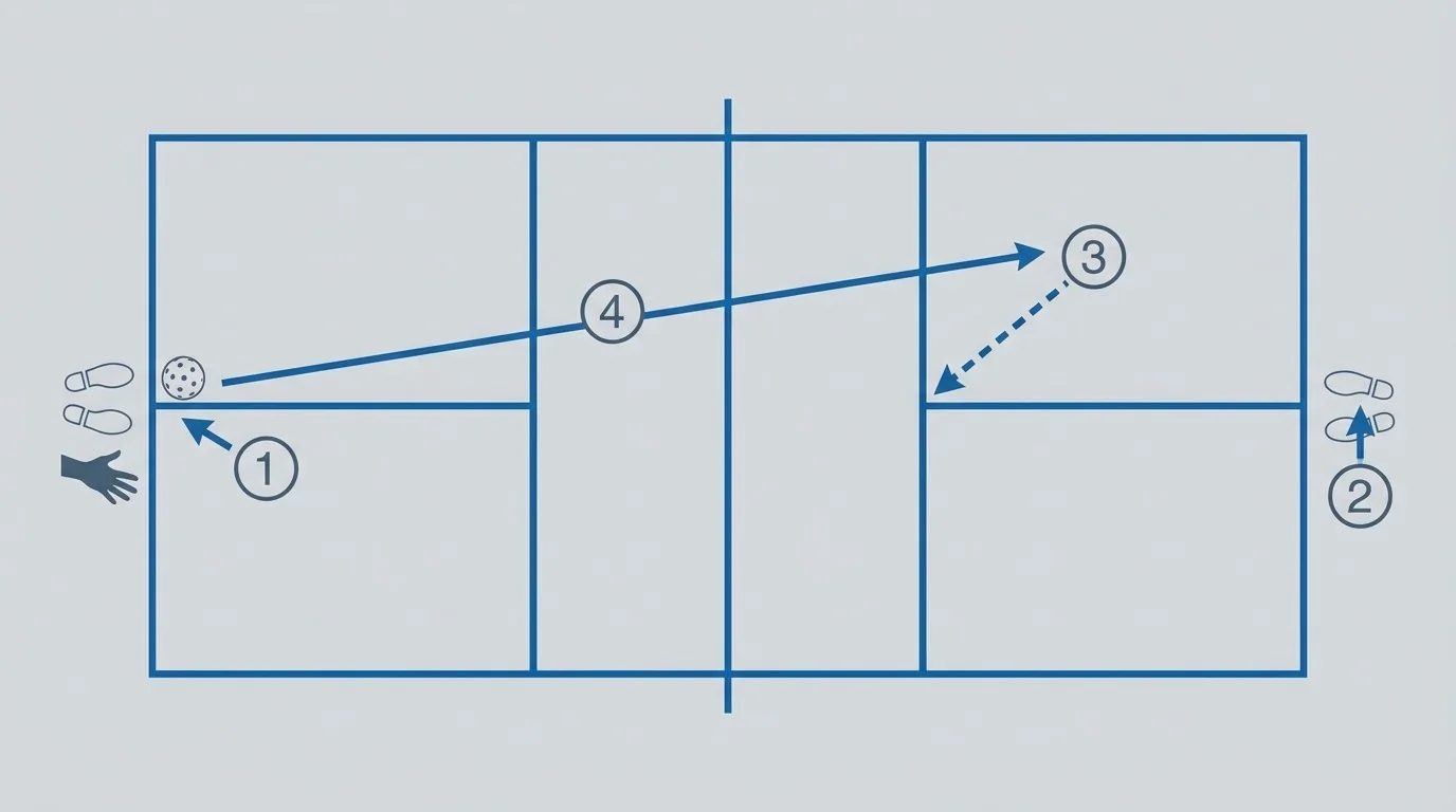 Overhead pickleball diagram of a repeatable pre-serve sequence