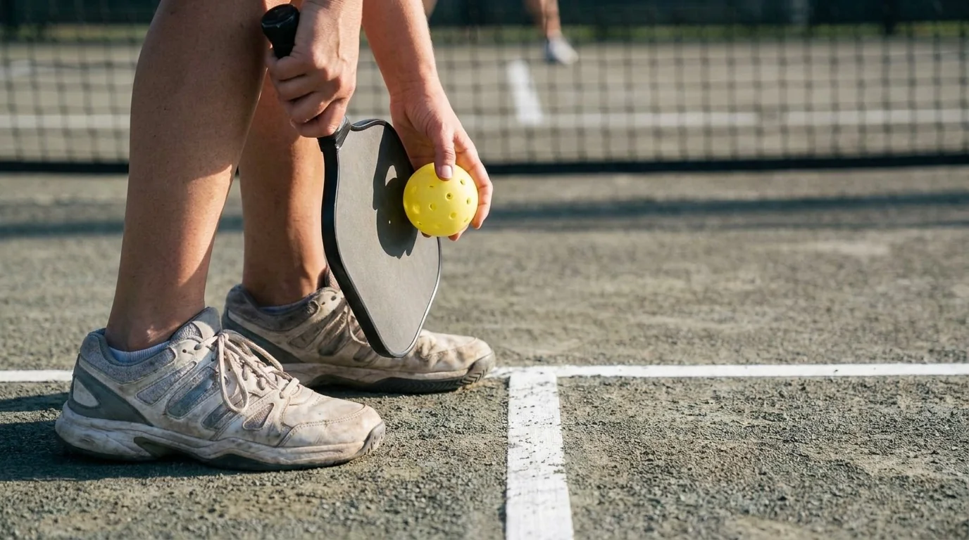Pickleball server feet and hands settling behind the baseline before the serve
