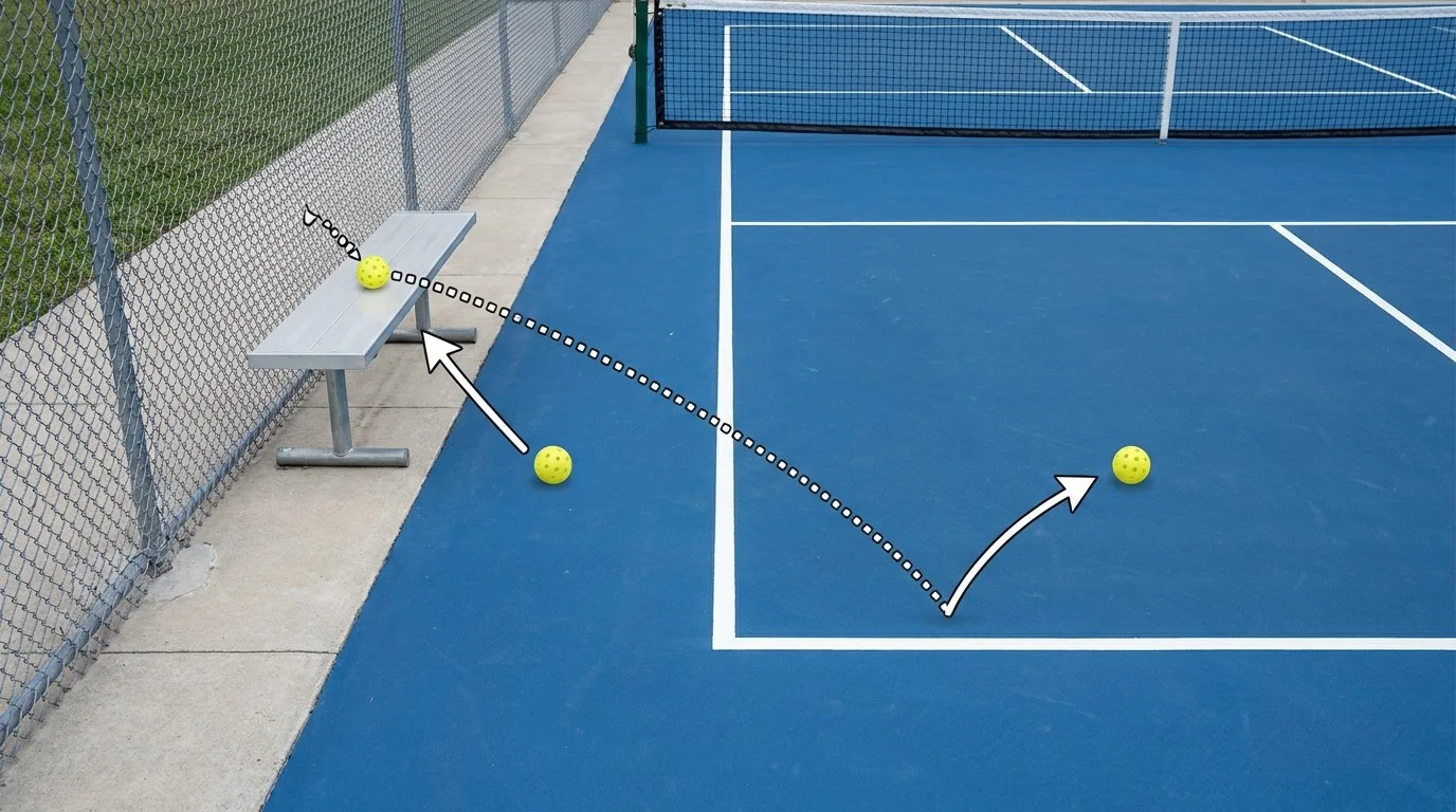 In-bounds bounce followed by fixed-object contact behind the baseline