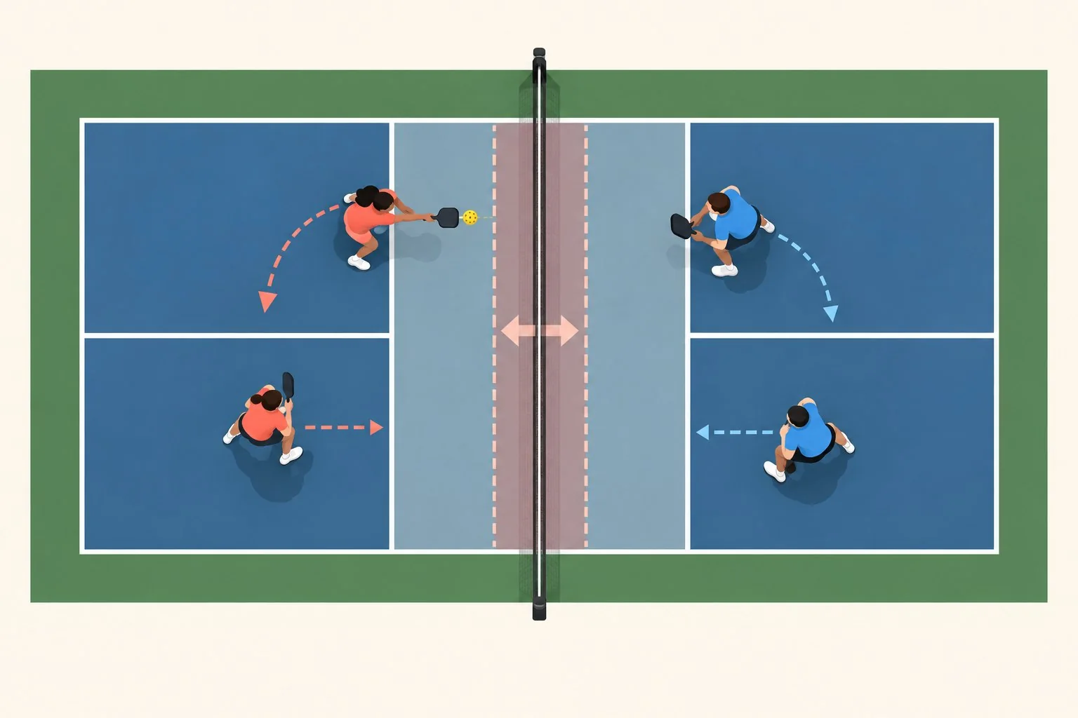 Side-by-side pickleball recovery distances after a kitchen volley