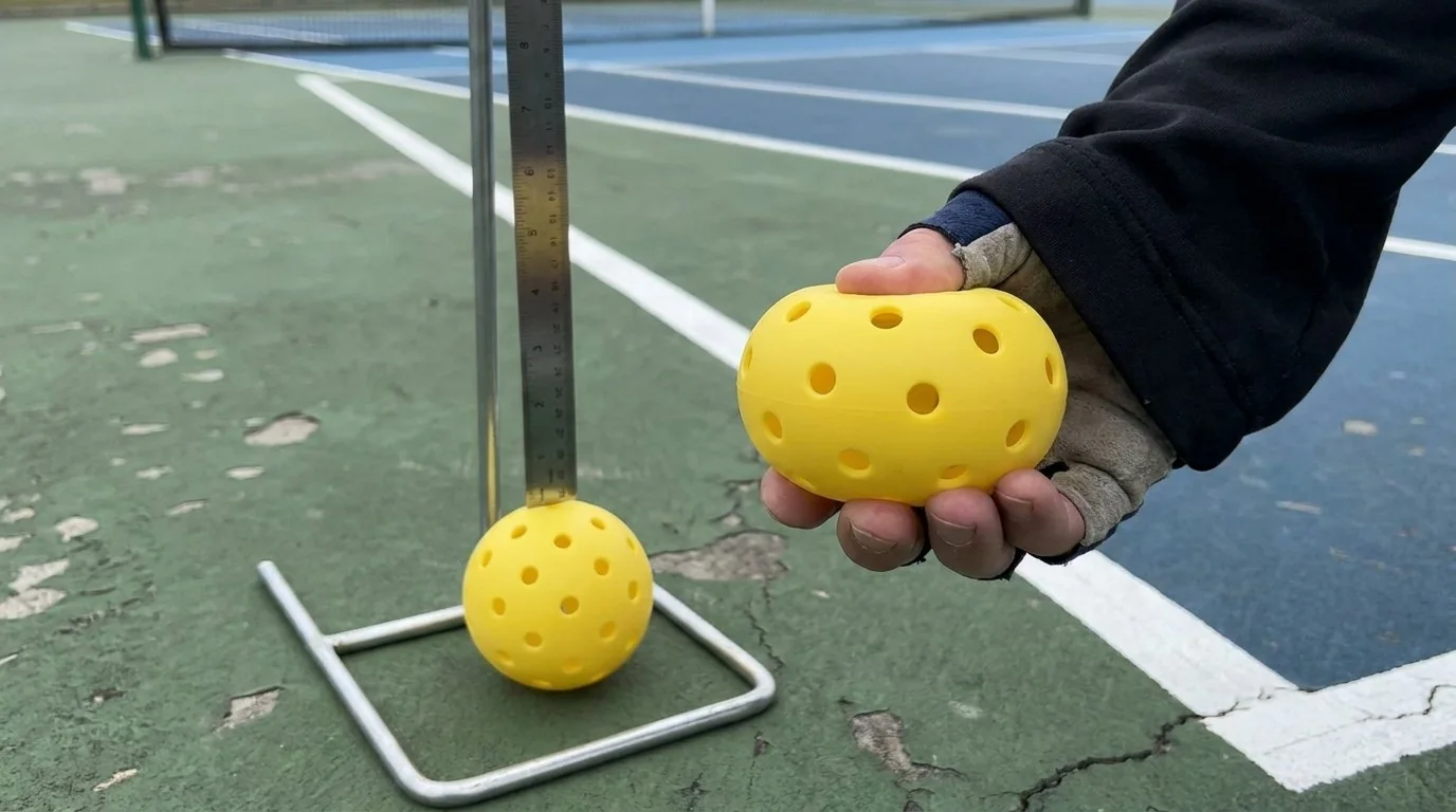 Player performing a controlled pickleball bounce check over a court