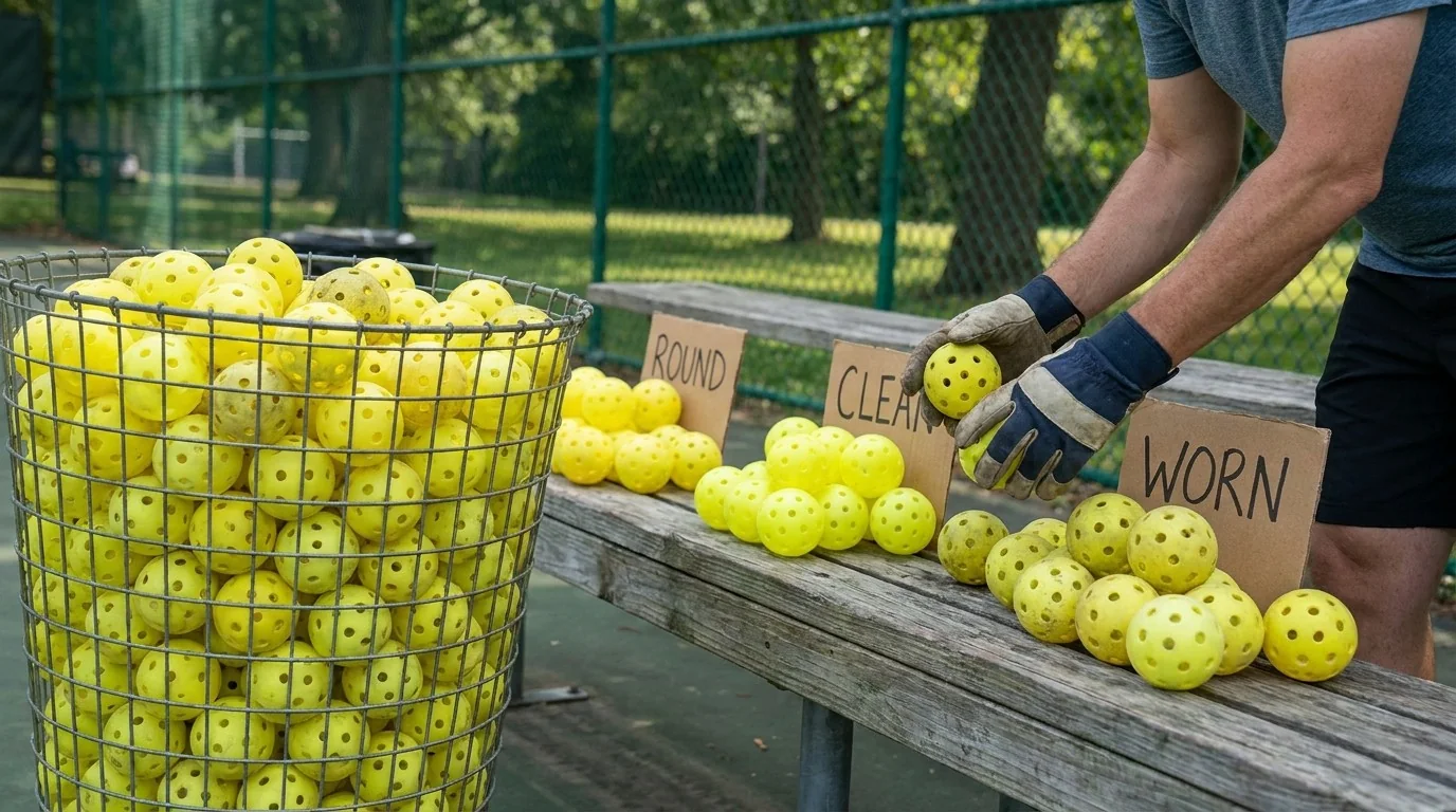 Pickleballs sorted by roundness, surface condition, and wear
