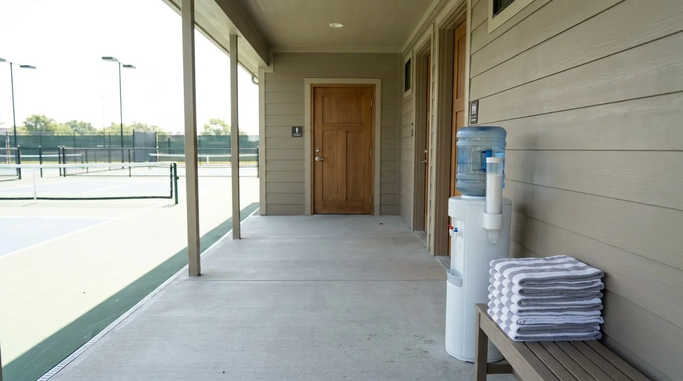Clear restroom approach path at a pickleball venue