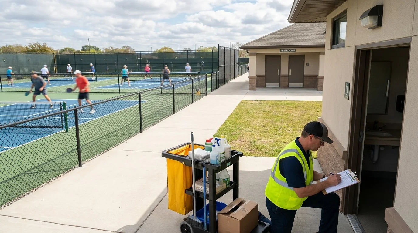 Facility manager checking restroom supplies near active pickleball courts
