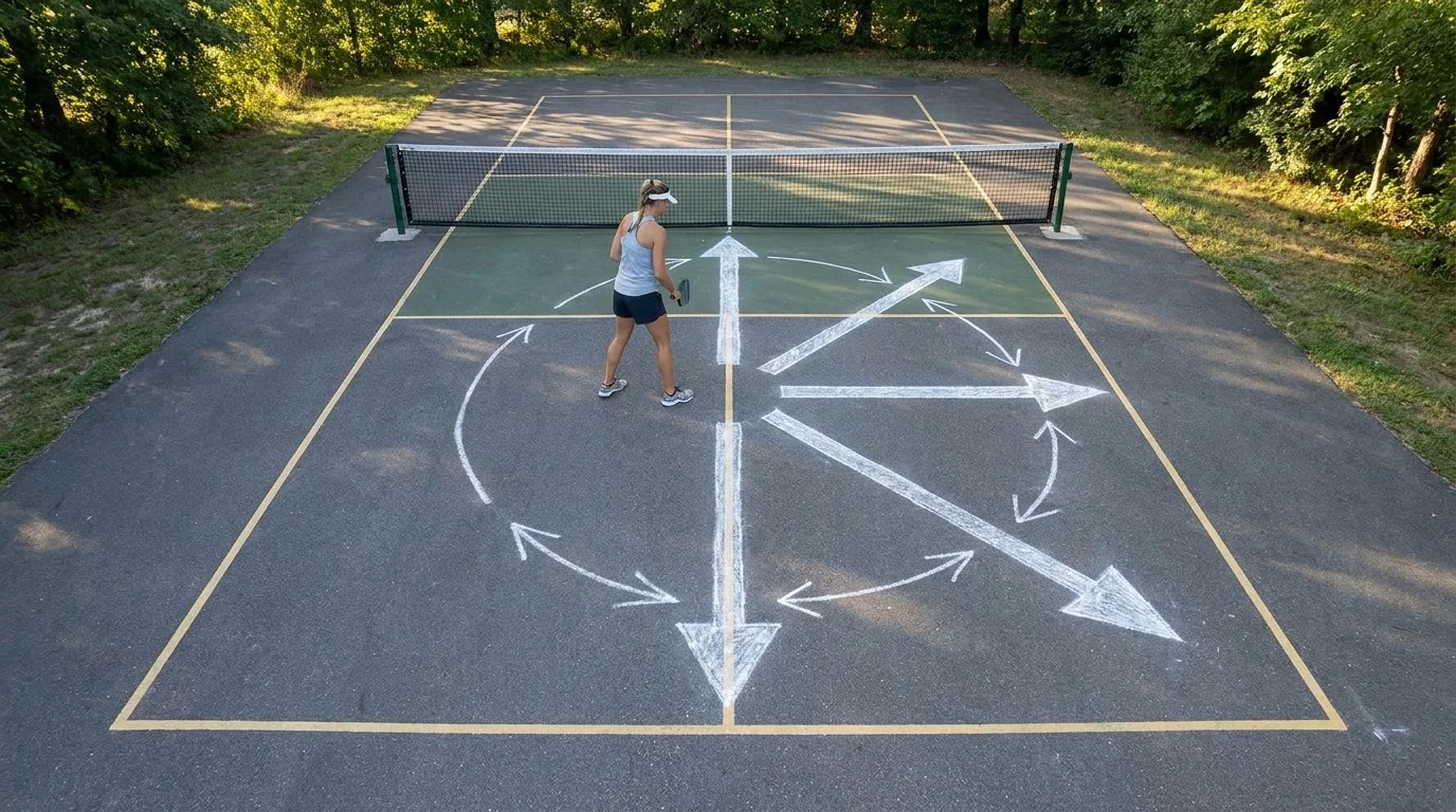 Five-direction pickleball footwork drill with lunge and load recovery paths