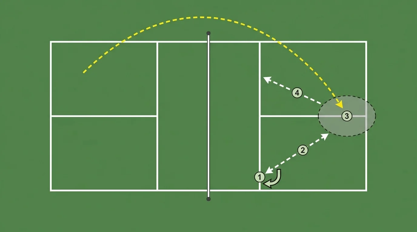 Overhead diagram of the pickleball drop-step lob-defense sequence