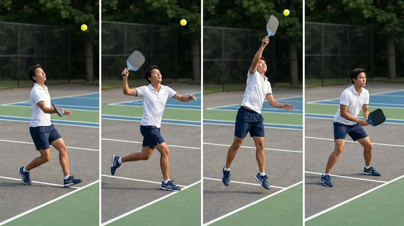 Side-angle pickleball footwork showing a balanced drop-step turn under a lob