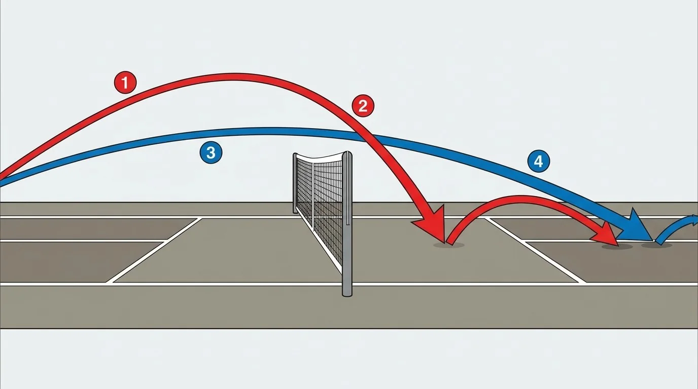 Text-free pickleball diagram comparing topspin and slice trajectories and bounce behavior