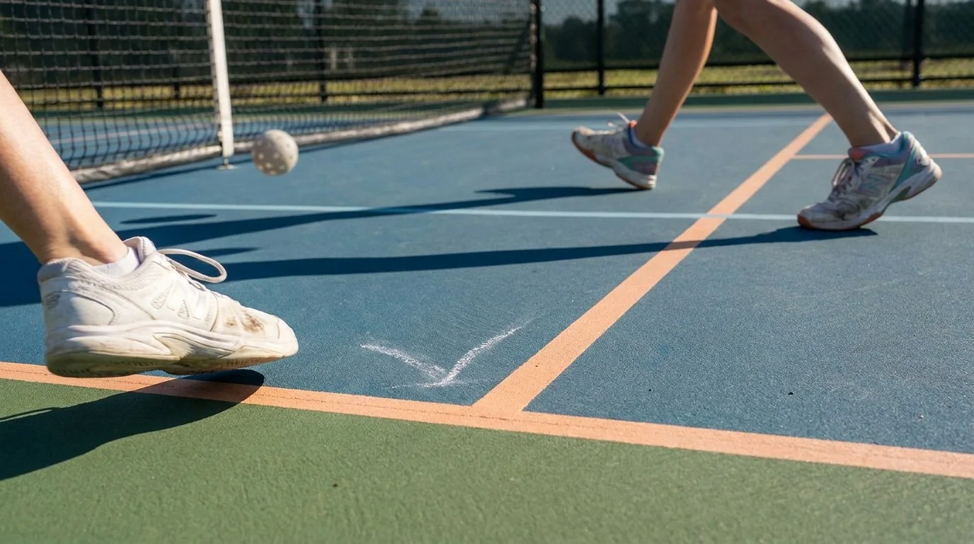 Pickleball defensive slice followed by a recovery step toward a neutral court position