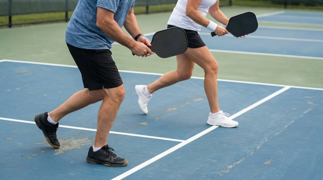 Pareja de pickleball avanzando junta y frenando con equilibrio en la transición