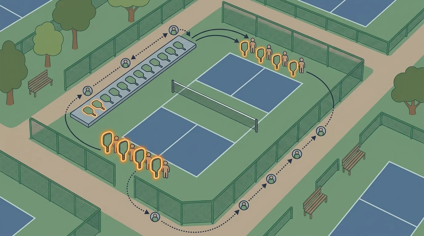 Minh họa ba tình huống hàng chờ một, hai và ba người cạnh sân pickleball, nền sân đầy đủ và ký hiệu số trực quan