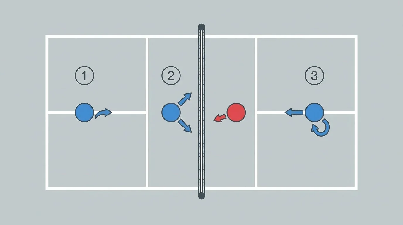 Gros plan pédagogique d’une contre-attaque compacte au pickleball