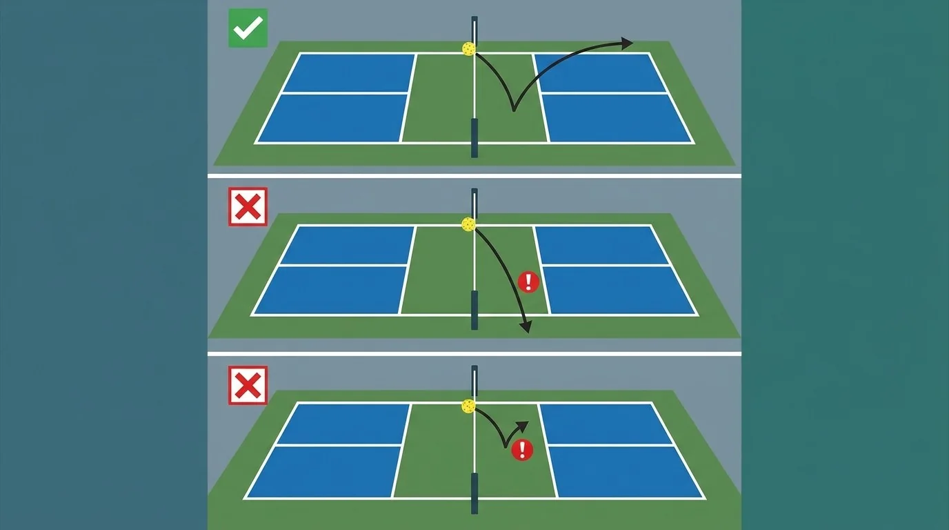 Diagram comparing legal and fault outcomes for a pickleball net-cord serve