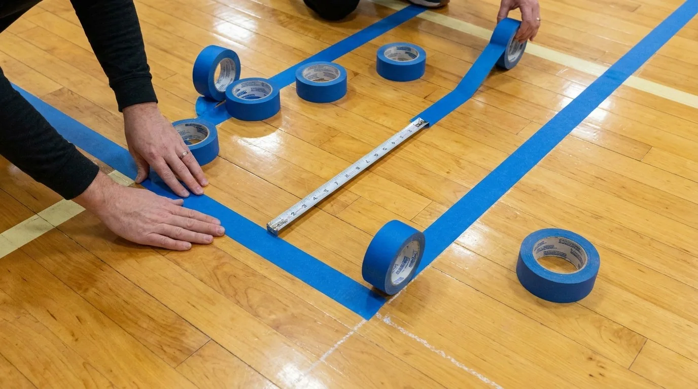 Overhead setup showing removable tape aligned for pickleball court lines
