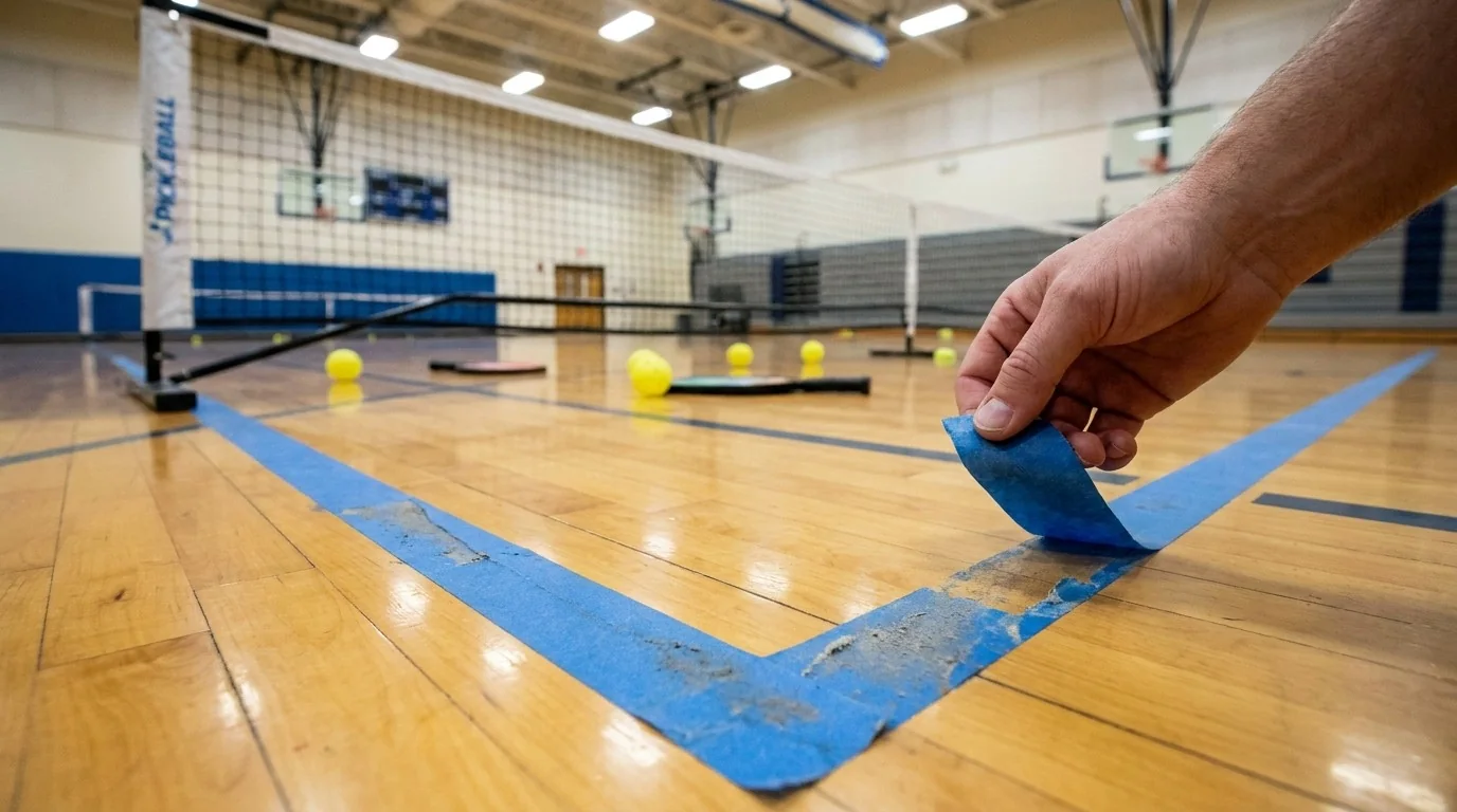 Close view of removable court tape being lifted cleanly after a session