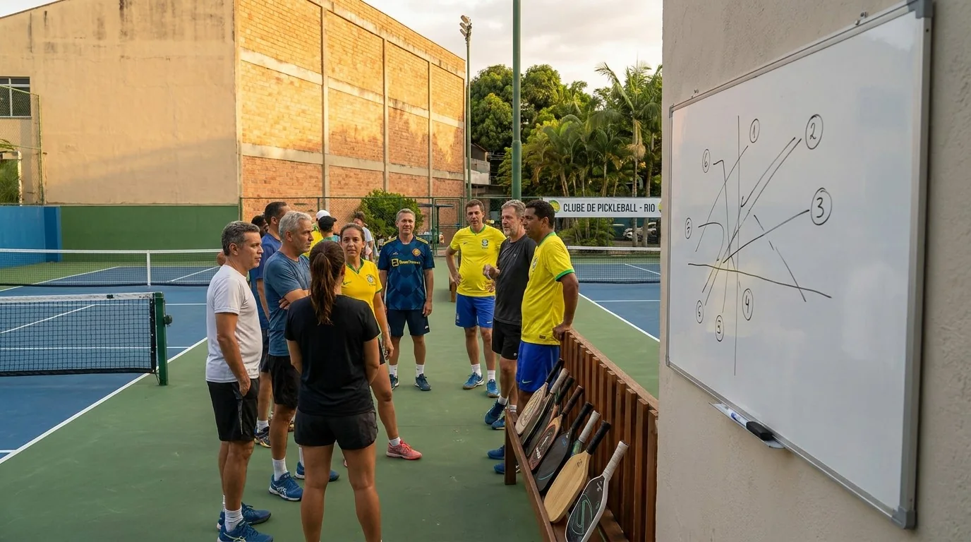 Cena documental de uma área de espera de pickleball com quadro de rotação e raquetes identificadas