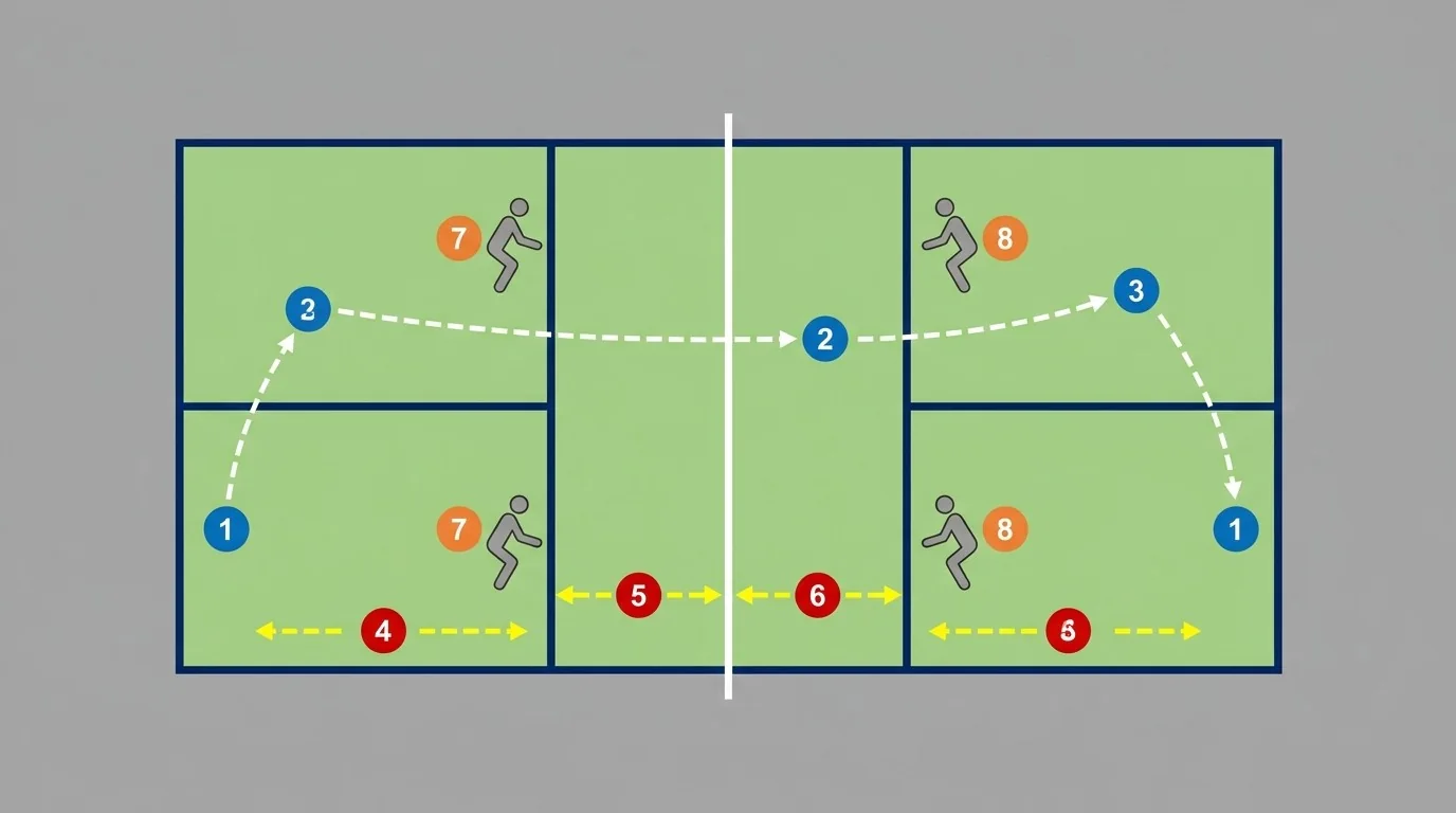 Sơ đồ khởi động và bộ chân pickleball trước buổi chơi
