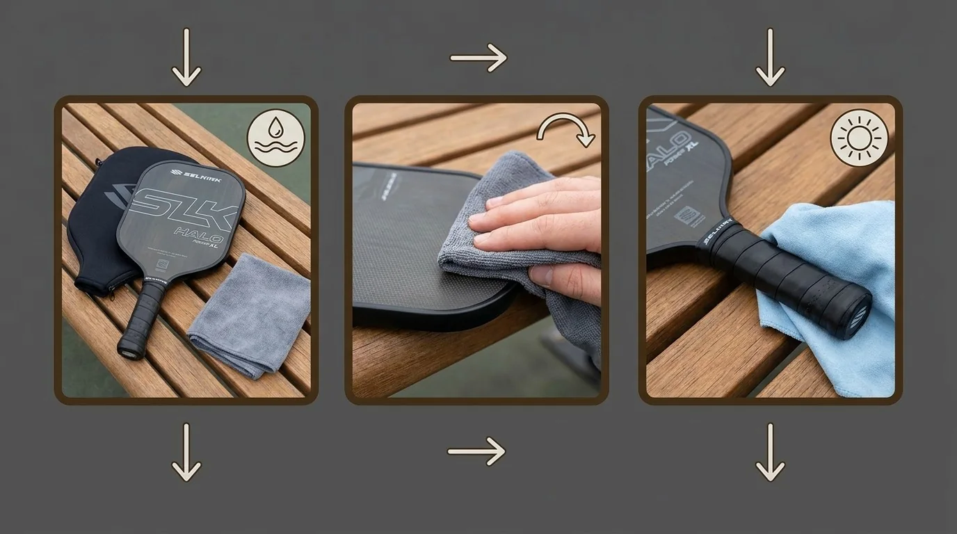 Wiping the paddle face, edge guard, and grip before dry storage