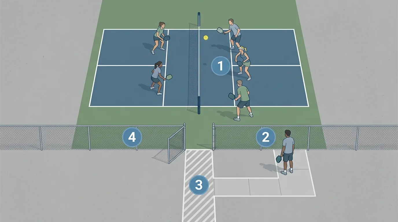 Waiting outside an active pickleball court until the rally ends