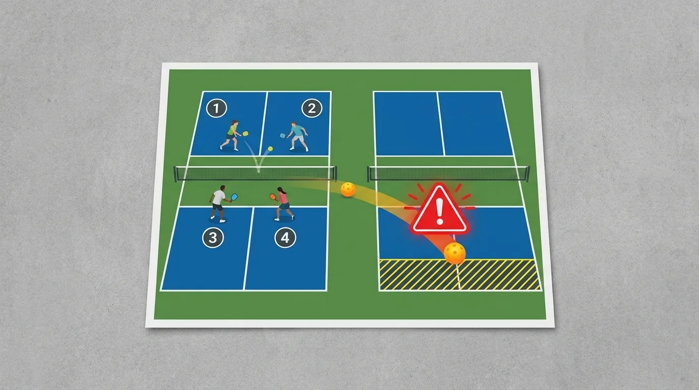 A stray pickleball entering a neighboring court with a clear safety warning